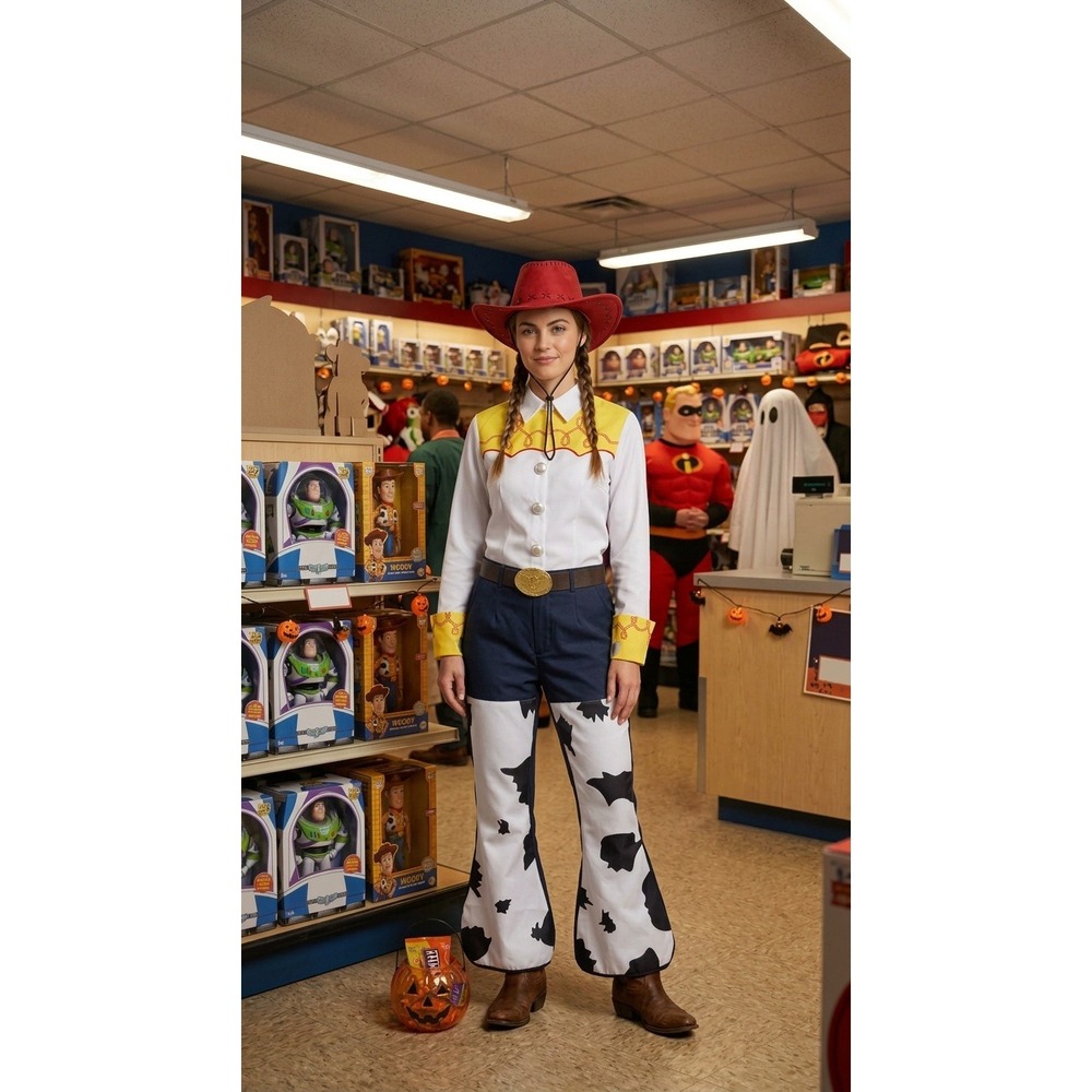 Jessie Cowgirl Costume Women M/P Western Shirt Cow Print Pants Red Hat Set
